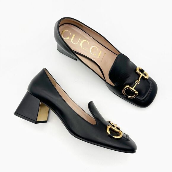 GUCCI Black Baby Bit Horsebit Square Toe Pump Size 39.5 Leather Block Heel - Picture 12 of 12